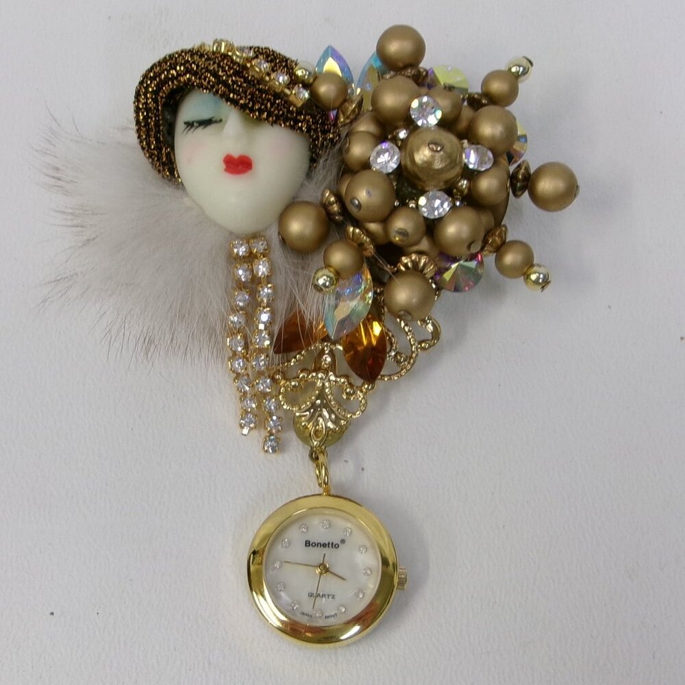 Bonetto Art Deco Flapper Lady in Fur‎ Fancy Brooch Watch in Original Box